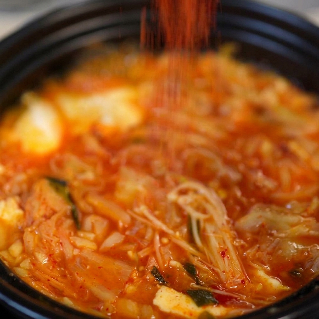 Łyżka jasnoczerwonych koreańskich płatków chili sypana bezpośrednio do gotującego się czerwonego bulionu w ciemnym garnku.