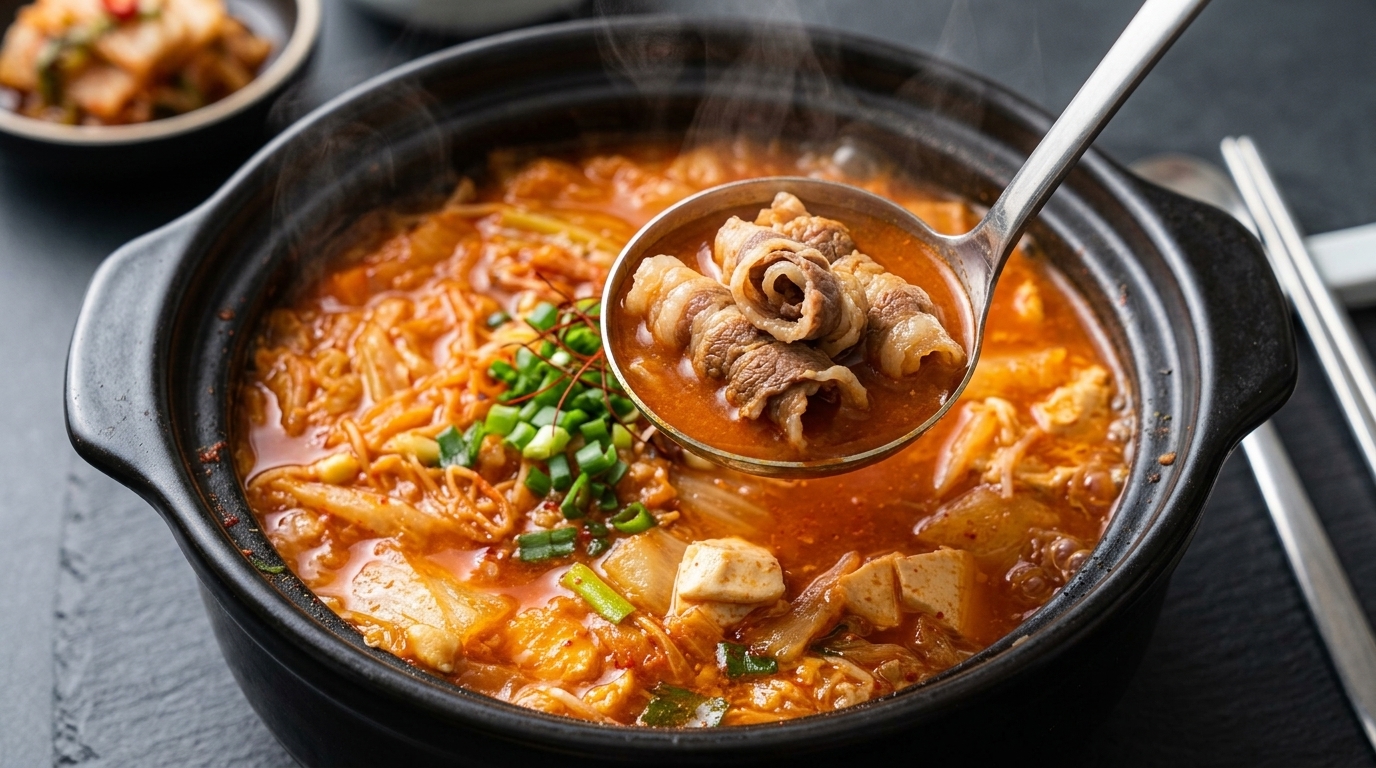Oryginalna koreańska zupa z kimchi i wołowiną (Kimchi-jjigae)