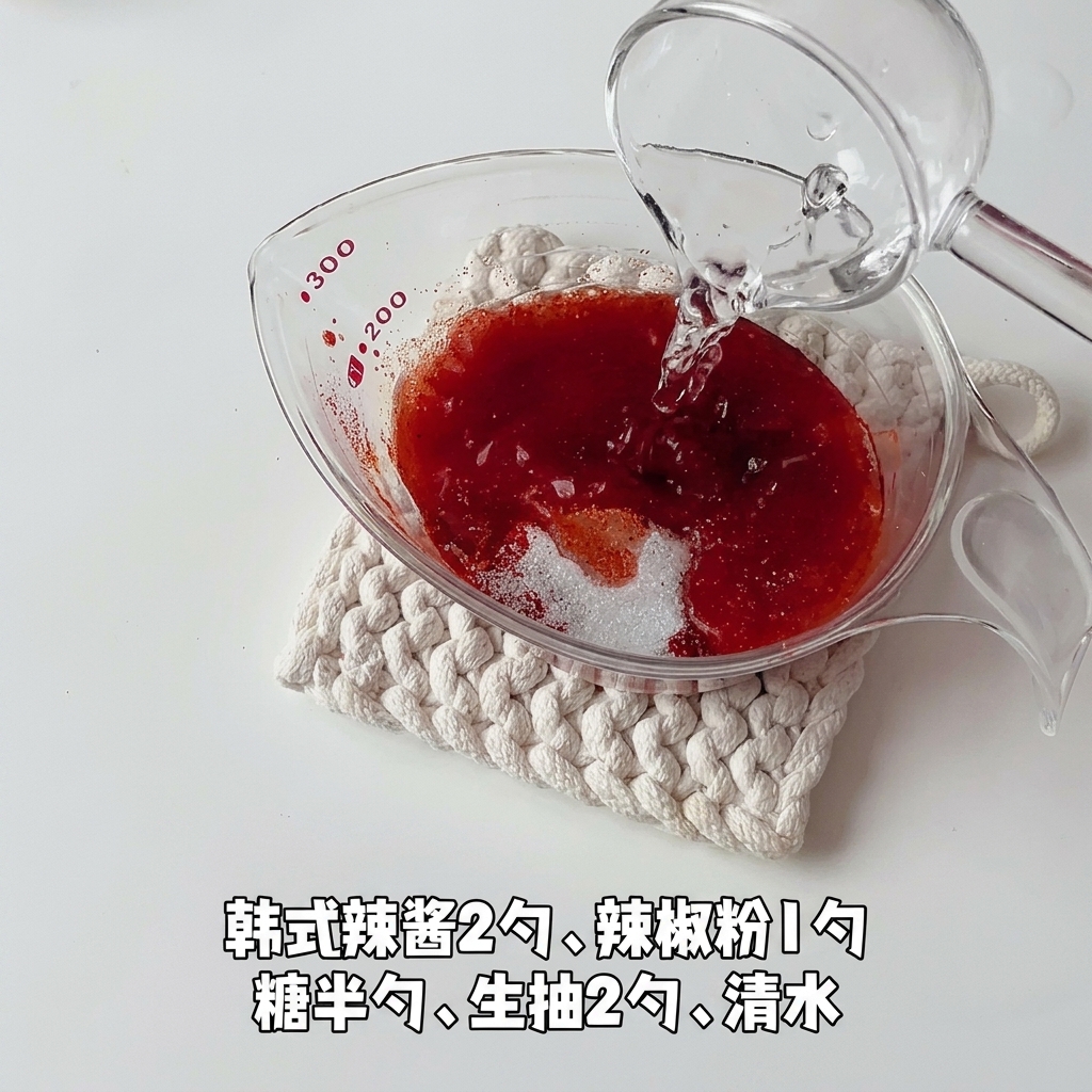 Woda nalewana ze szklanki do przezroczystej miarki wypełnionej koreańską pastą chili, chili w proszku i cukrem.