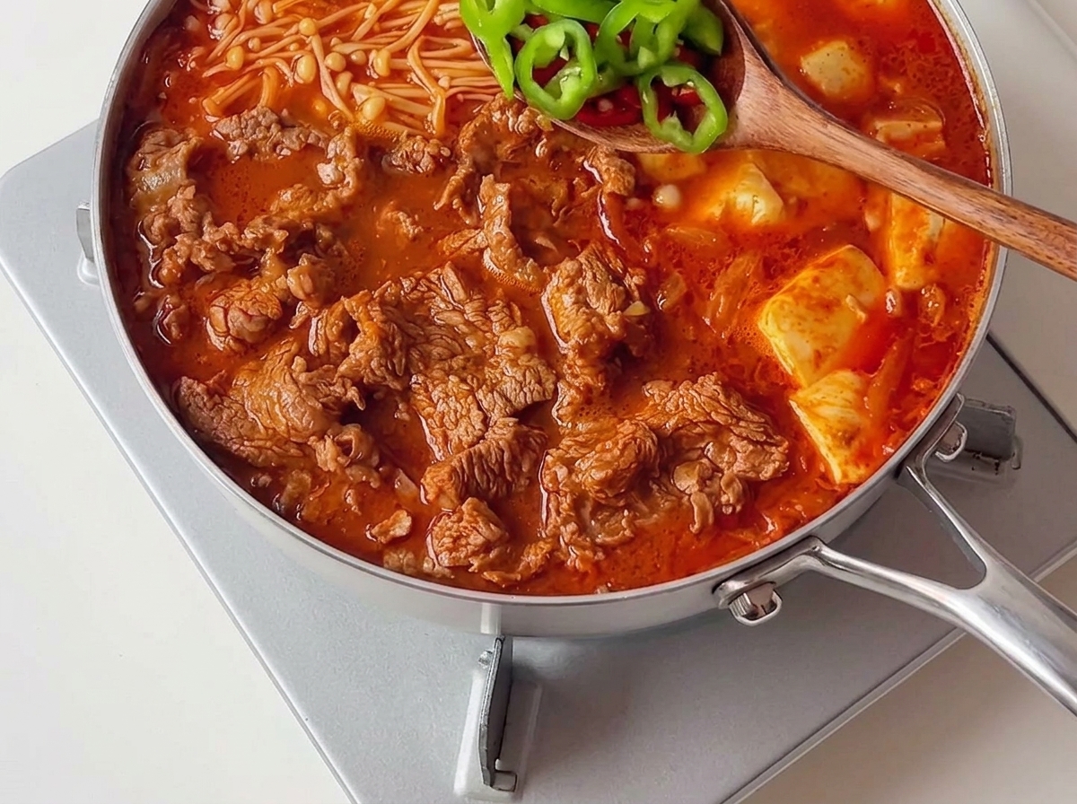 Drewniana łyżka rozsypująca krążki zielonej i czerwonej papryczki chili po ugotowanym, bulgoczącym gulaszu kimchi.