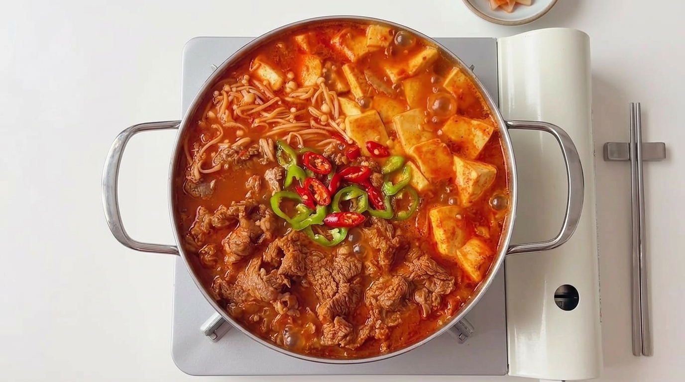Koreański gulasz z kimchi, wołowiną i tofu (Kimchi Jjigae)
