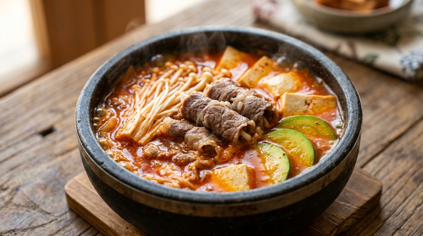Klasyczna koreańska zupa kimchi z wołowiną i tofu