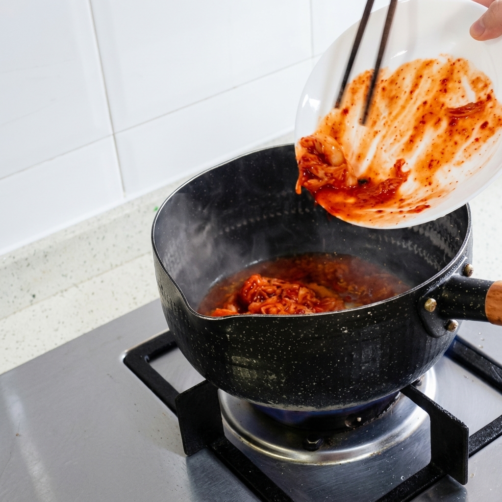 Posiekane kimchi zsuwane pałeczkami z białego talerza do rozgrzanego garnka.