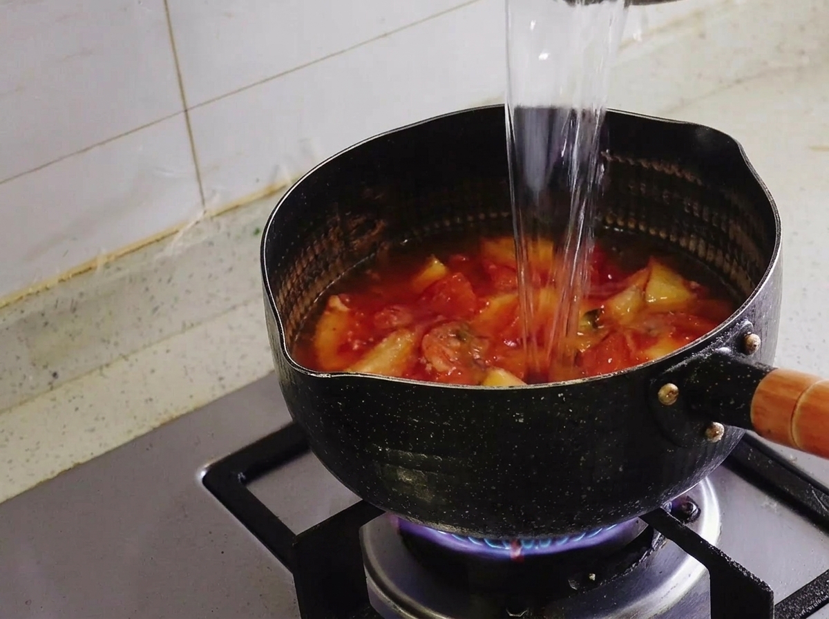 Strumień czystej走向wody wlewany do czarnego garnka z podsmażonym, czerwonym kimchi.