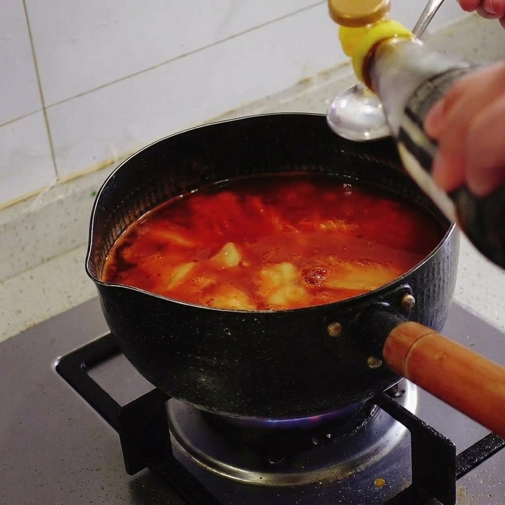 Sos rybny nalewany z butelki na łyżkę nad garnkiem z gotującą się, czerwoną zupą kimchi.