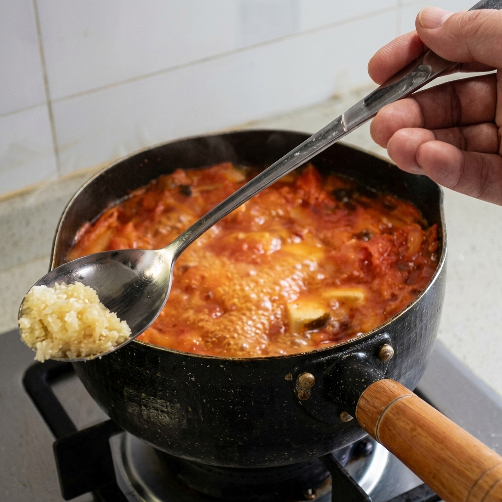Metalowa łyżka trzymająca porcję posiekanego czosnku nad garnkiem z gotującą się, czerwoną zupą kimchi.