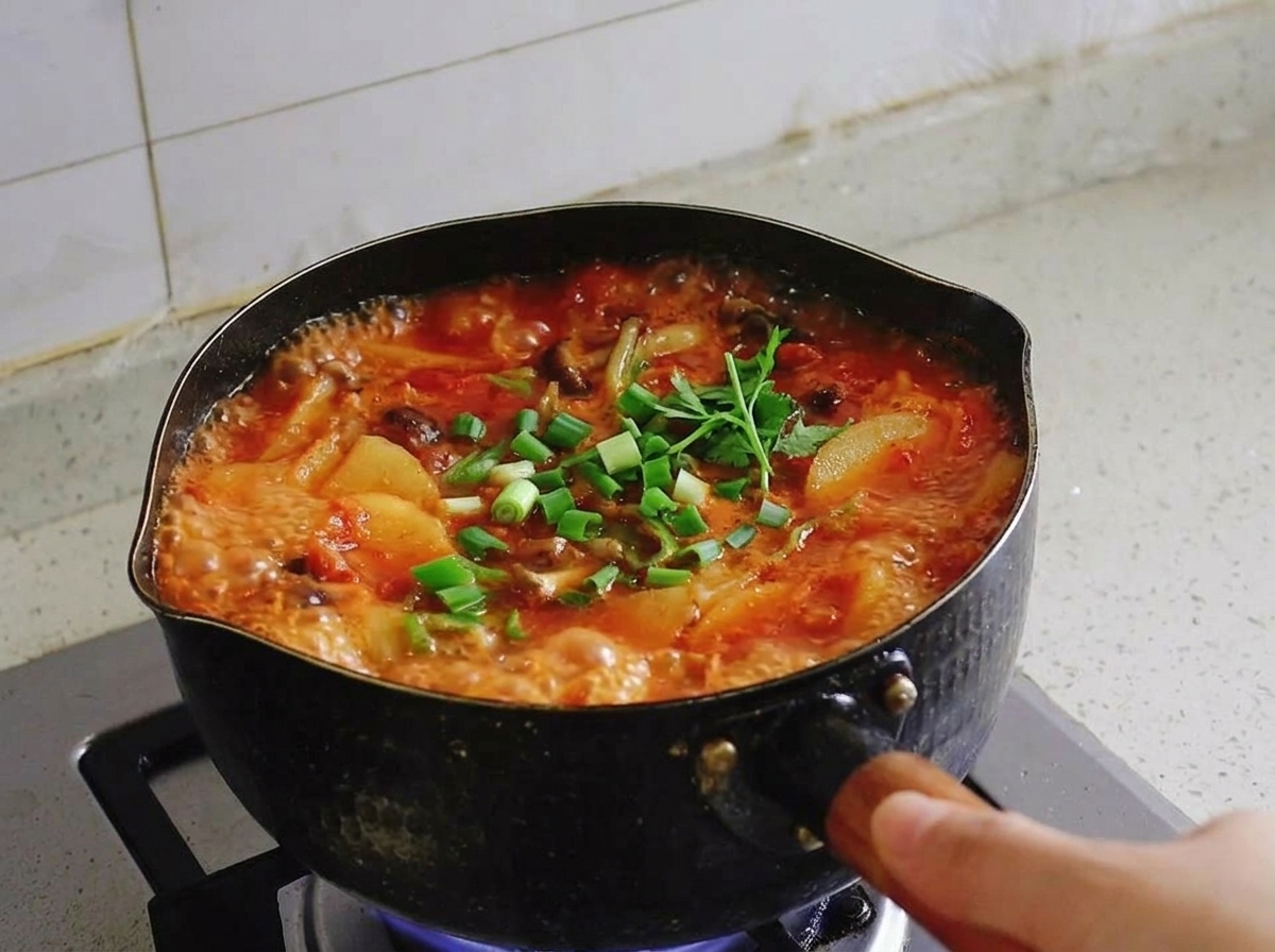 Świeżo posiekana zielona dymka rozsypana na wierzchu bulgoczącego garnka z zupą kimchi, tofu i mięsem.