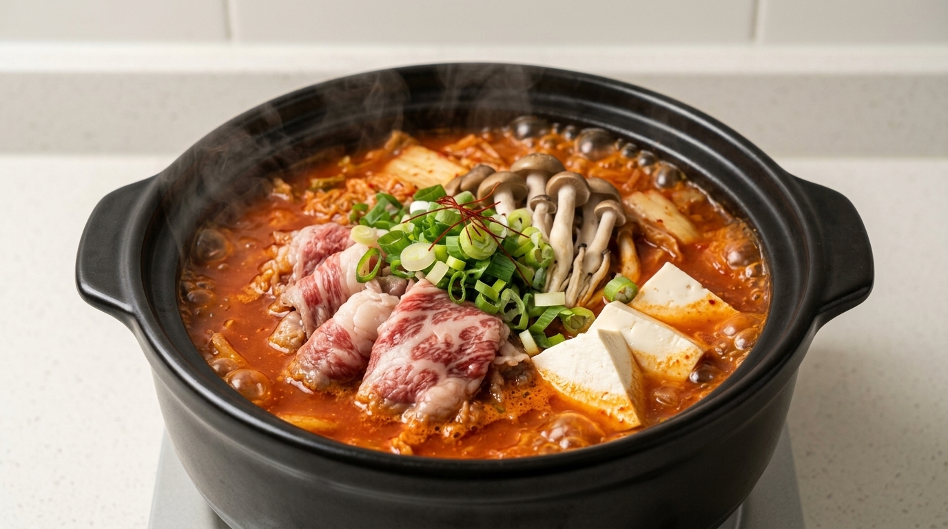Pikantna zupa kimchi z tłustą wołowiną i miękkim tofu