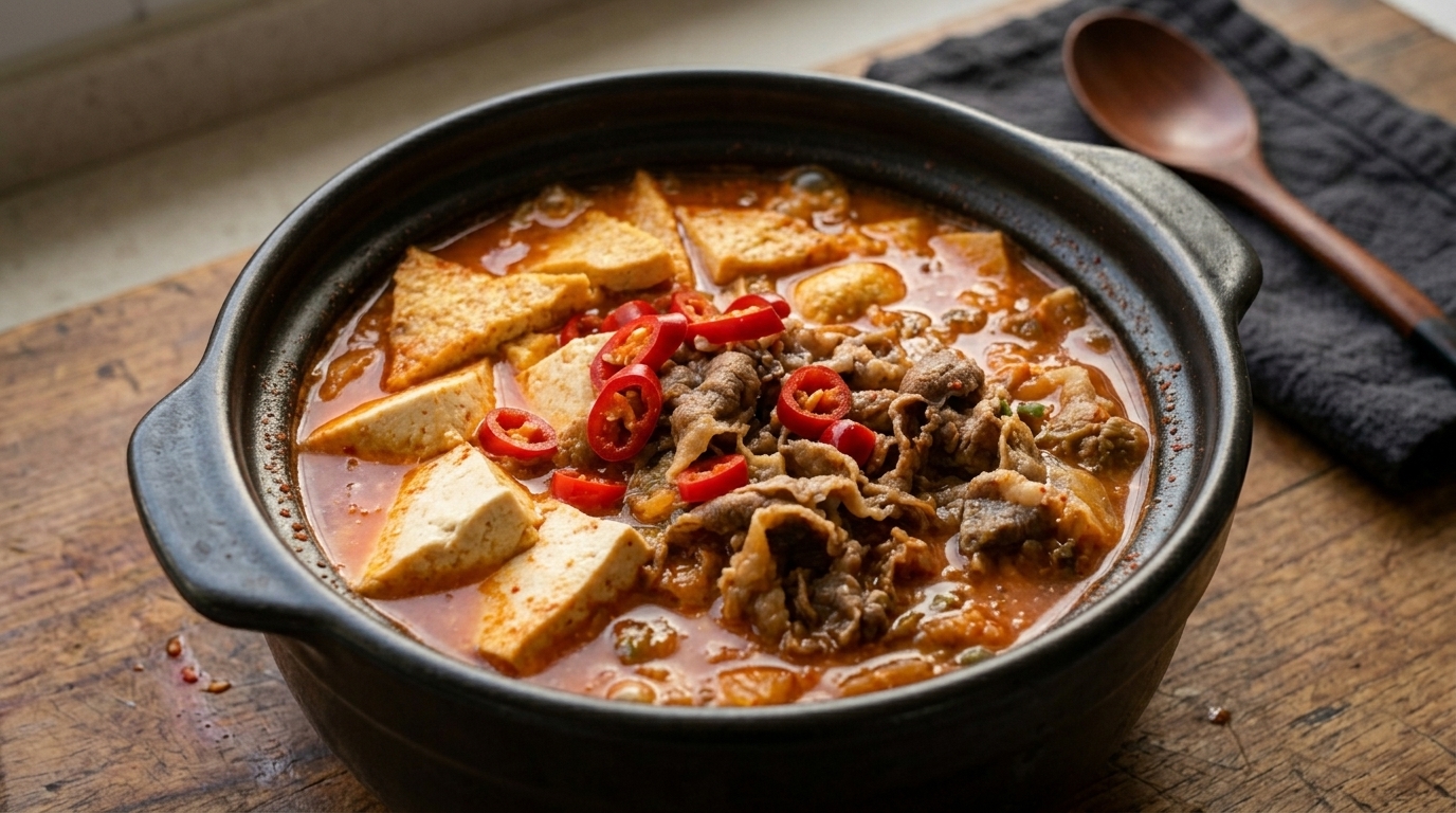 Pikantna koreańska zupa Kimchi Jjigae z wołowiną i miękkim tofu