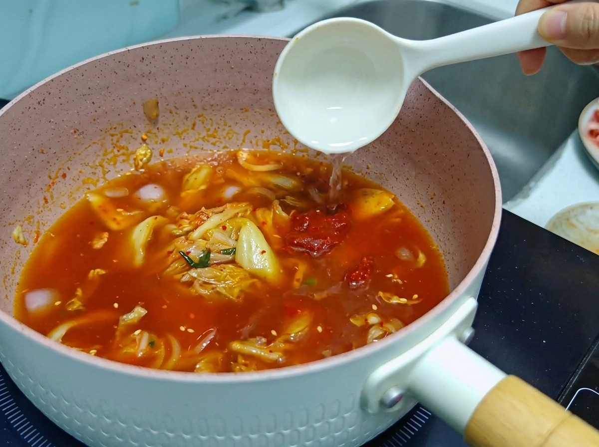 Biała chochla wlewająca czystą wodę do różowej patelni wypełnionej gotującym się czerwonym bulionem z kimchi.
