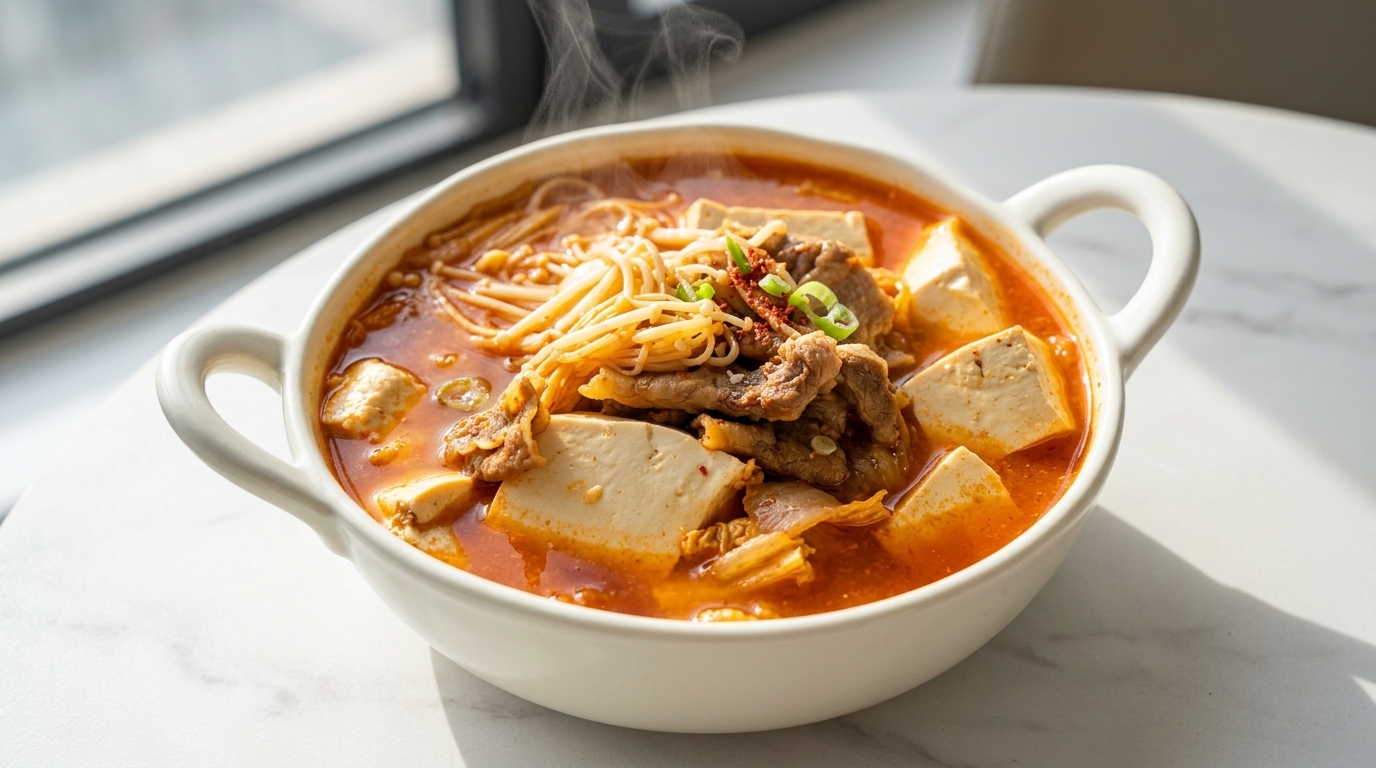 Pikantna koreańska zupa kimchi z wołowiną i tofu
