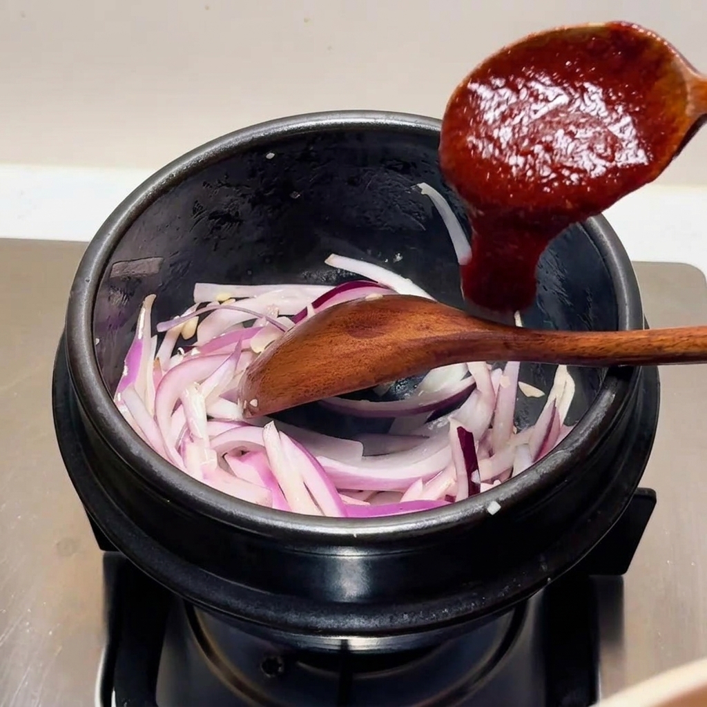 Drewniana łyżka nakładająca gęsty, czerwony sos chili do czerwonej cebuli w czarnym kamiennym naczyniu.