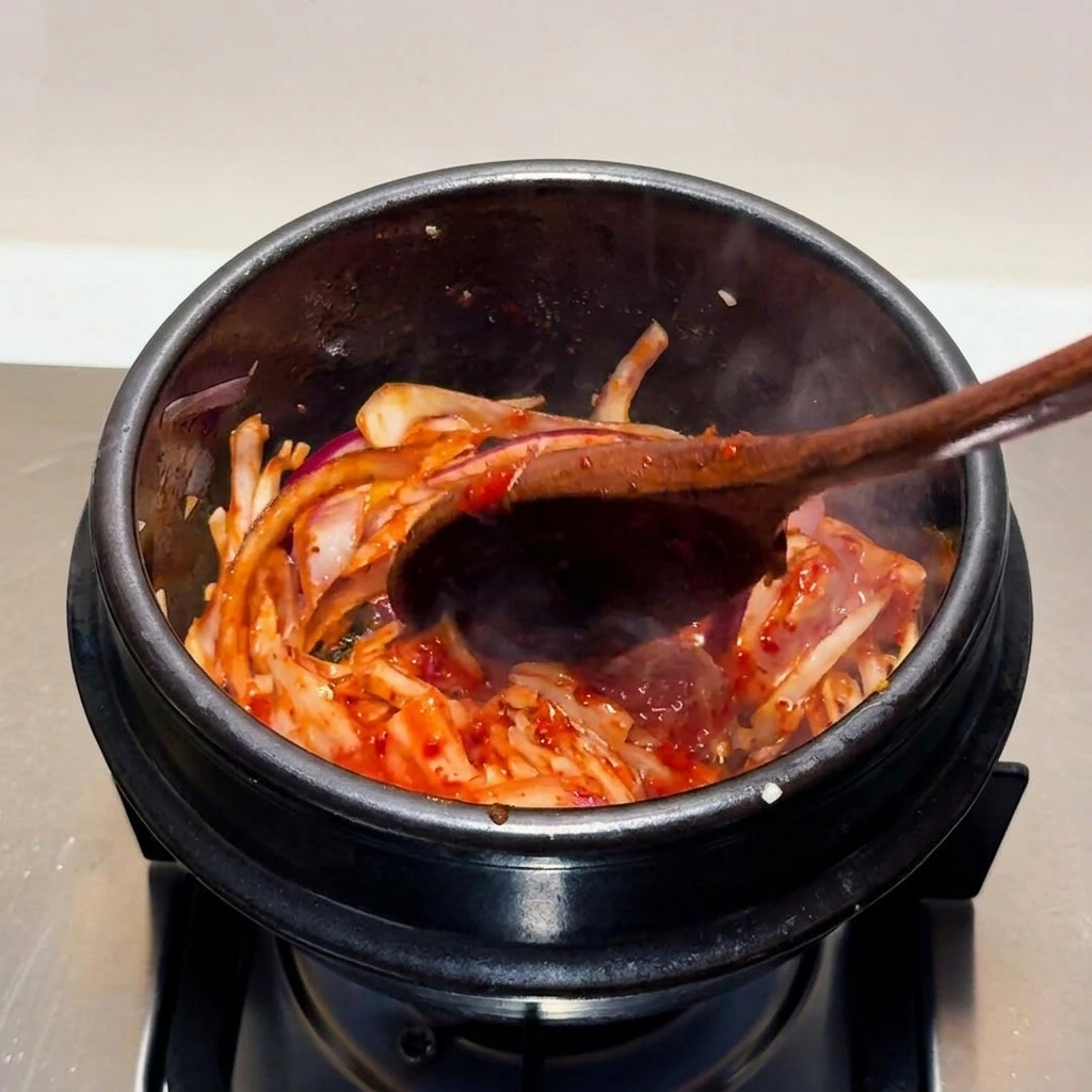 Kimchi i czerwona cebula intensywnie podsmażane drewnianą łyżką w parującym kamiennym garnku.