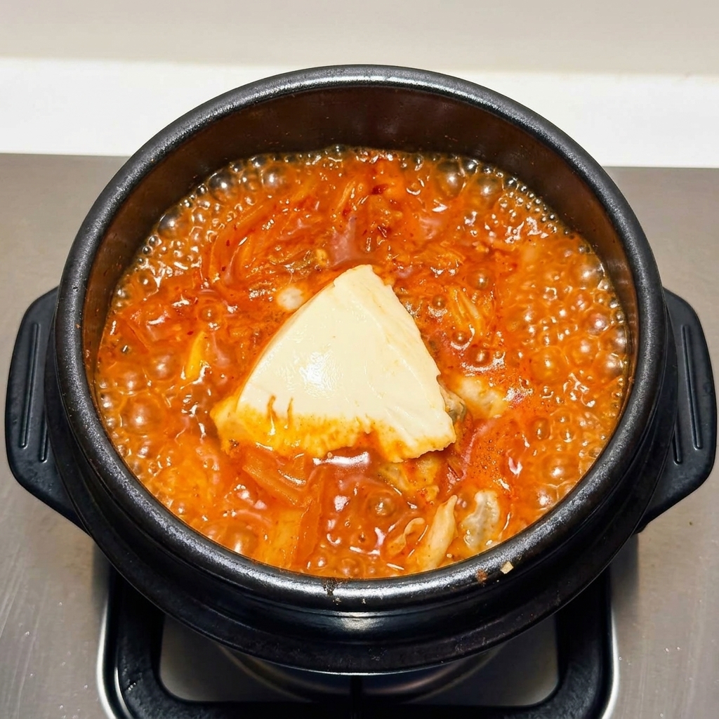 Duży kawałek gładkiego, białego miękkiego tofu ułożony na środku bulgoczącej zupy kimchi z owocami morza.