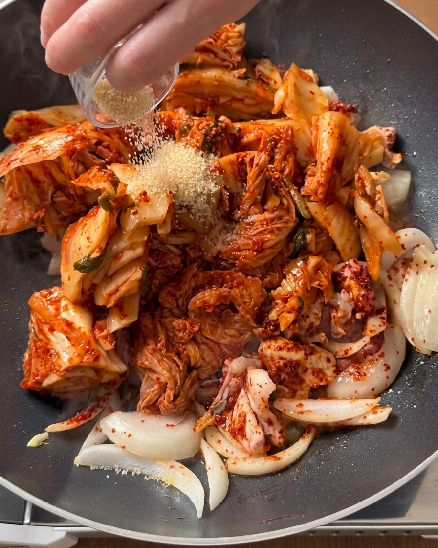 Cukier trzcinowy sypany z małej miseczki na smażącą się mieszankę kimchi i wieprzowiny.