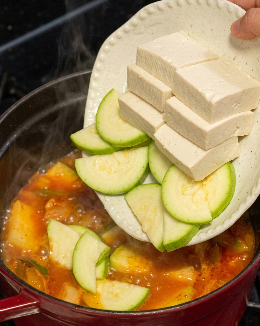Zsuwanie grubych prostokątów tofu i zielonych półplasterków cukinii z talerza do wrzącego, czerwonego gulaszu kimchi.