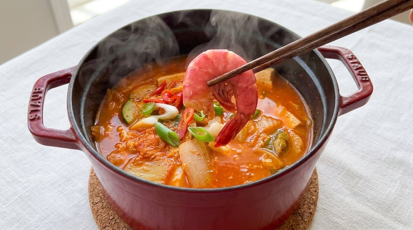 Rozgrzewający kociołek kimchi z owocami morza (koreańskie Kimchi Jjigae)