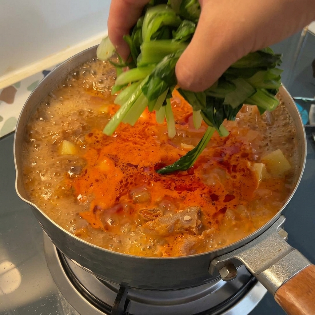 Dłoń wkładająca pęczek jasnozielonej zblanszowanej kapusty bok choy do gotującego się gulaszu.