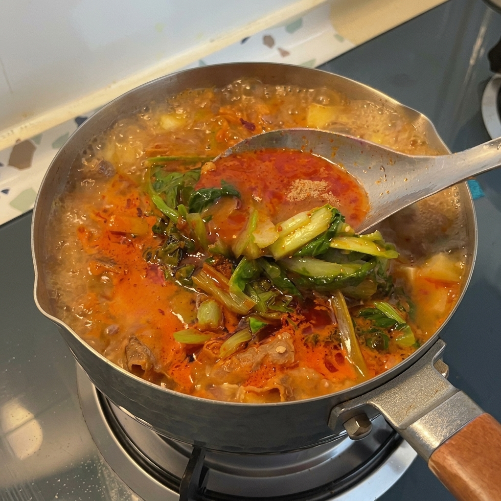 Duża metalowa łyżka mieszająca bulgoczący gulasz sojowy z zielonymi warzywami i olejem chili na wierzchu.