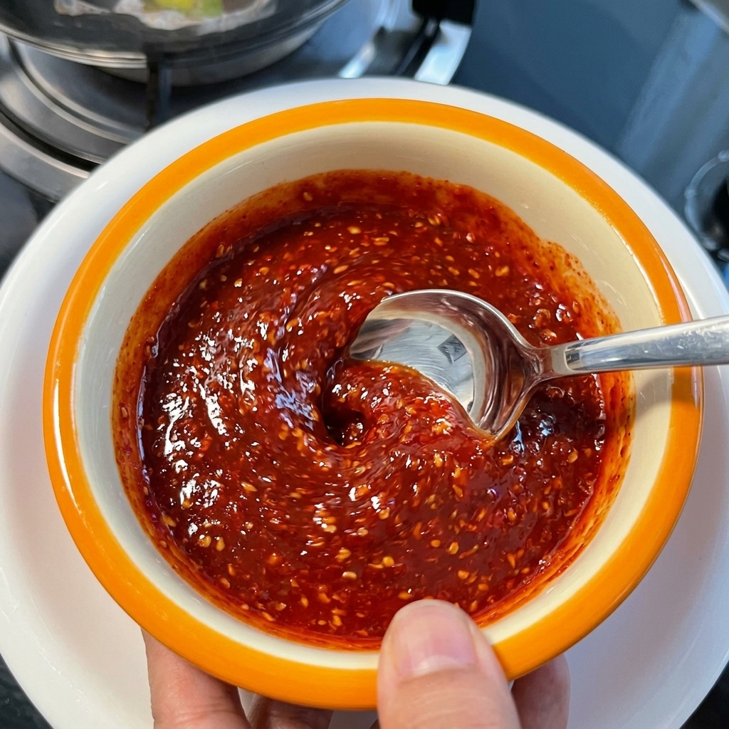 Łyżka mieszająca błyszczący, intensywnie czerwony sos chili z białym sezamem w małej ceramicznej miseczce.