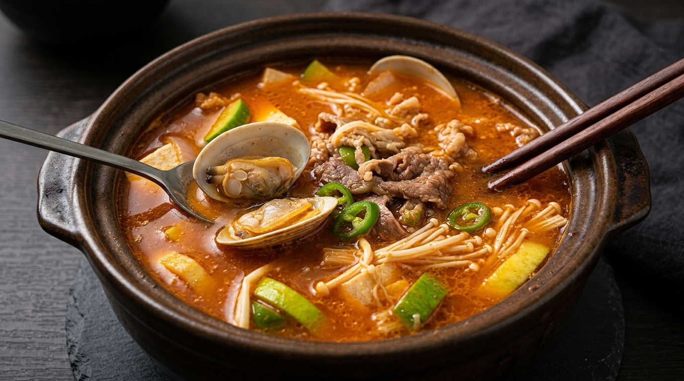 Klasyczne koreańskie Doenjang Jjigae (gulasz z pasty sojowej z wołowiną i małżami)