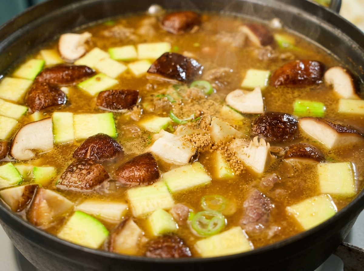 Łyżka posiekanego czosnku i wołowego bulionu w proszku dodawana do gotującej się koreańskiej zupy z cukinią i grzybami shiitake.