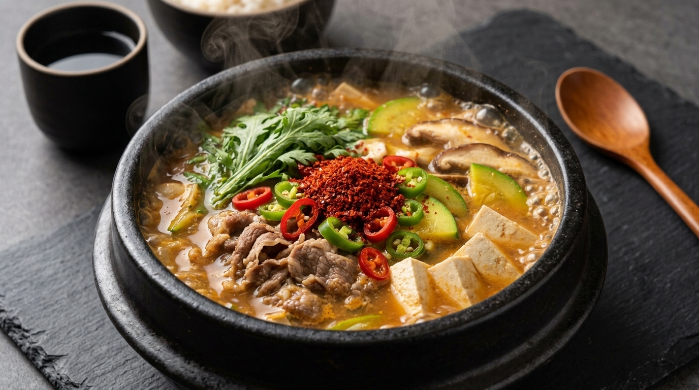 Oryginalna koreańska zupa z pasty sojowej z wołowiną (Doenjang Jjigae)