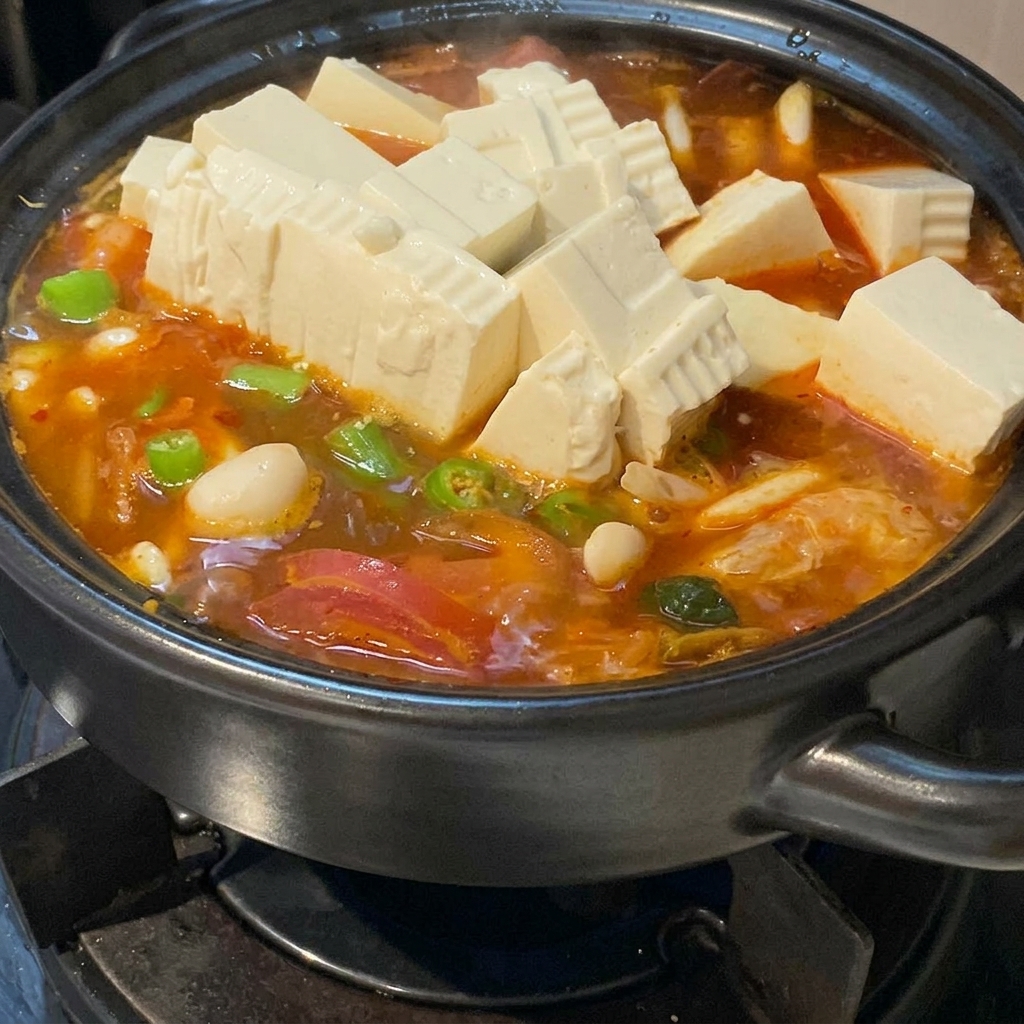 Duże kostki miękkiego, białego tofu ułożone schludnie na gotującej się, intensywnie czerwonej zupie kimchi z warzywami.