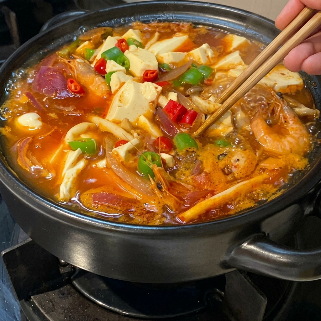 Gotowa zupa kimchi w glinianym garnku, z tofu, krewetkami i cebulą, posypana zielonym i czerwonym chili, poprawiana pałeczkami.