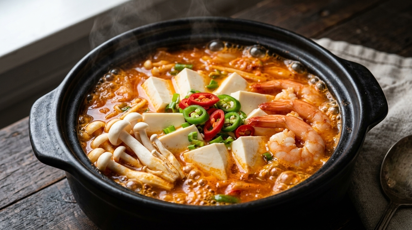 Rozgrzewająca Zupa Kimchi z Tofu i Krewetkami (Soondubu Jjigae)
