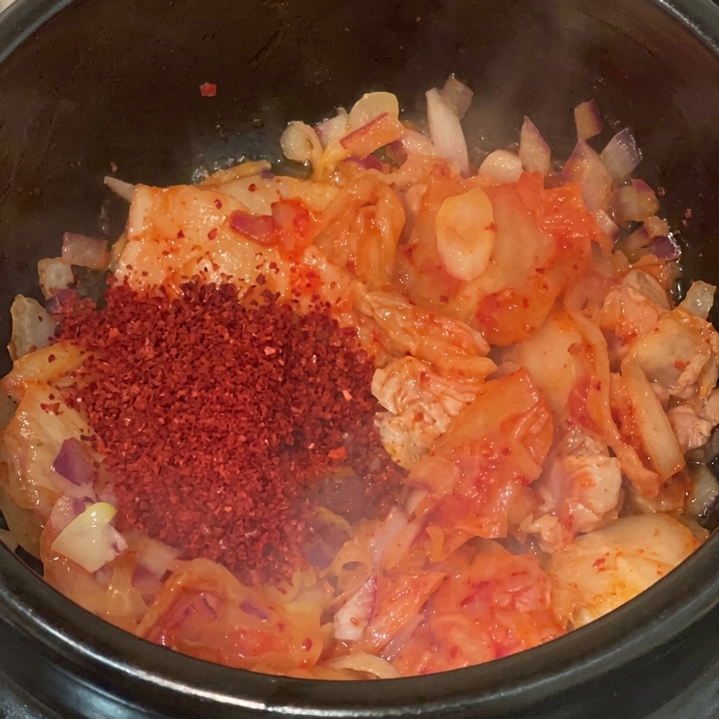 Nasypywanie mieszanki czerwonych płatków chili (gochugaru) na podsmażone kimchi z boczkiem.