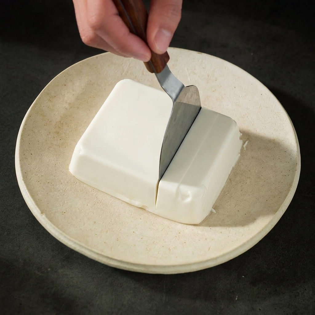 Krojenie bloku tofu na równe kostki.
