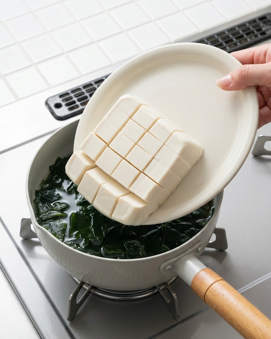 Delikatne zsuwanie kostek tofu do gotującej się zupy.