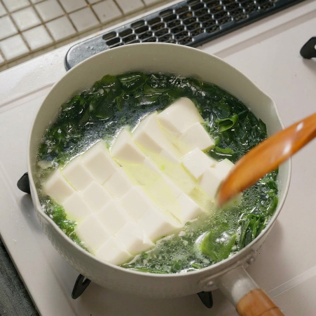 Mieszanie zupy z tofu za pomocą drewnianej łopatki.