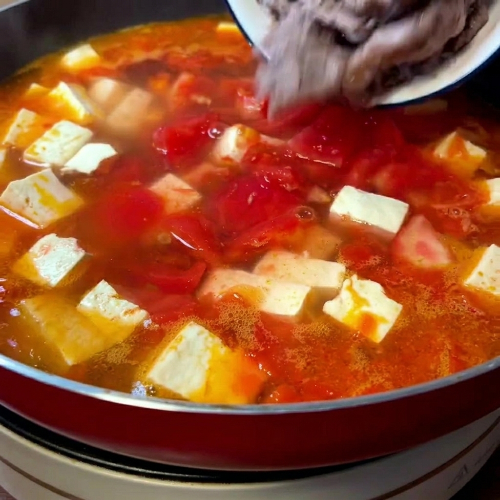 Podsmażone plastry wołowiny dodawane do gotującej się zupy z tofu i pomidorami.
