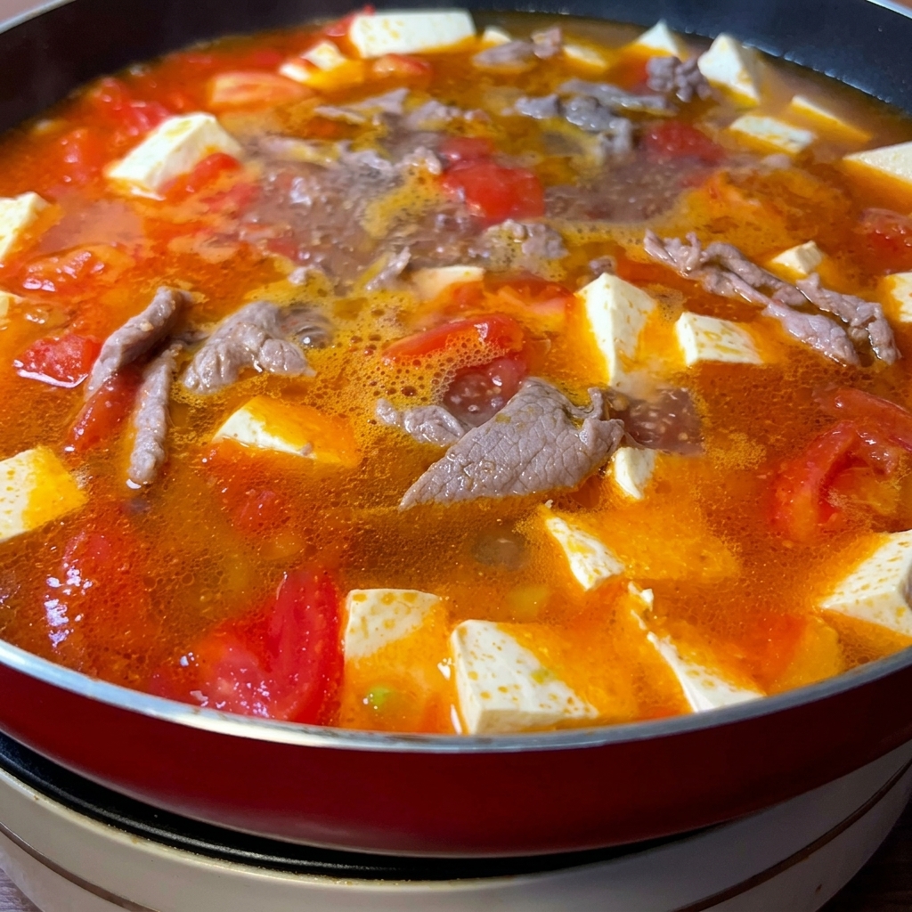 Patelnia z gotującą się, kolorową zupą z pomidorami, tofu i wołowiną.