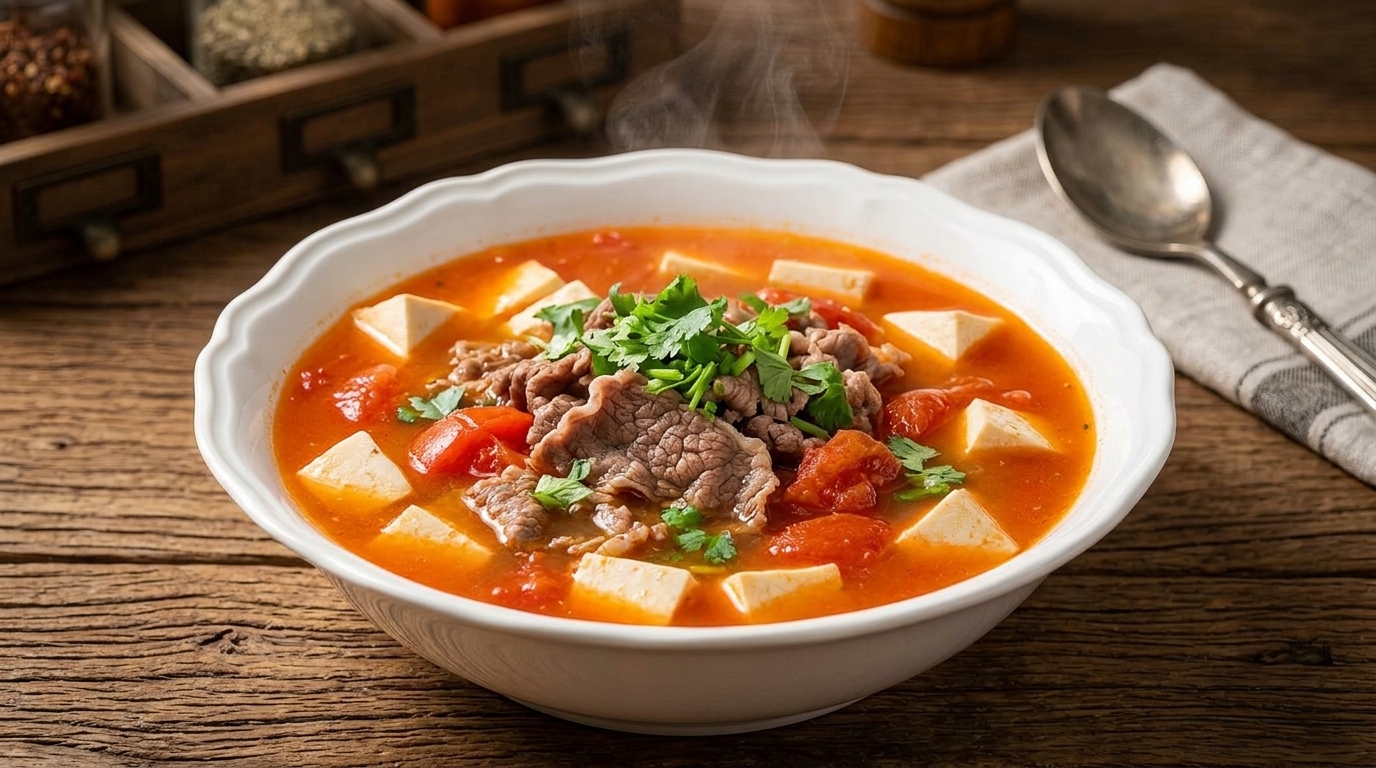 Pożywna zupa z pomidorów, tofu i wołowiny