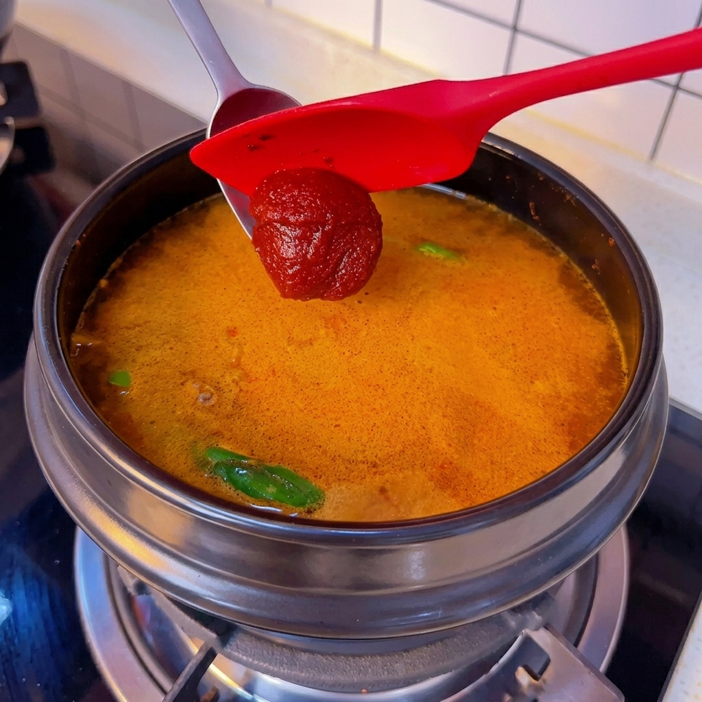 Porcja gęstej, czerwonej koreańskiej pasty chili na łyżce zanurzana w pomarańczowo-czerwonej bazie bulionowej.