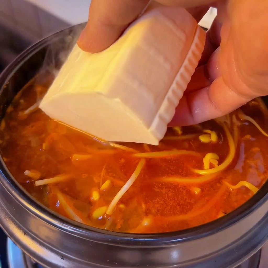 Dłoń delikatnie wsuwająca białą bryłkę miękkiego tofu do pikantnej, czerwonej zupy z kiełkami.