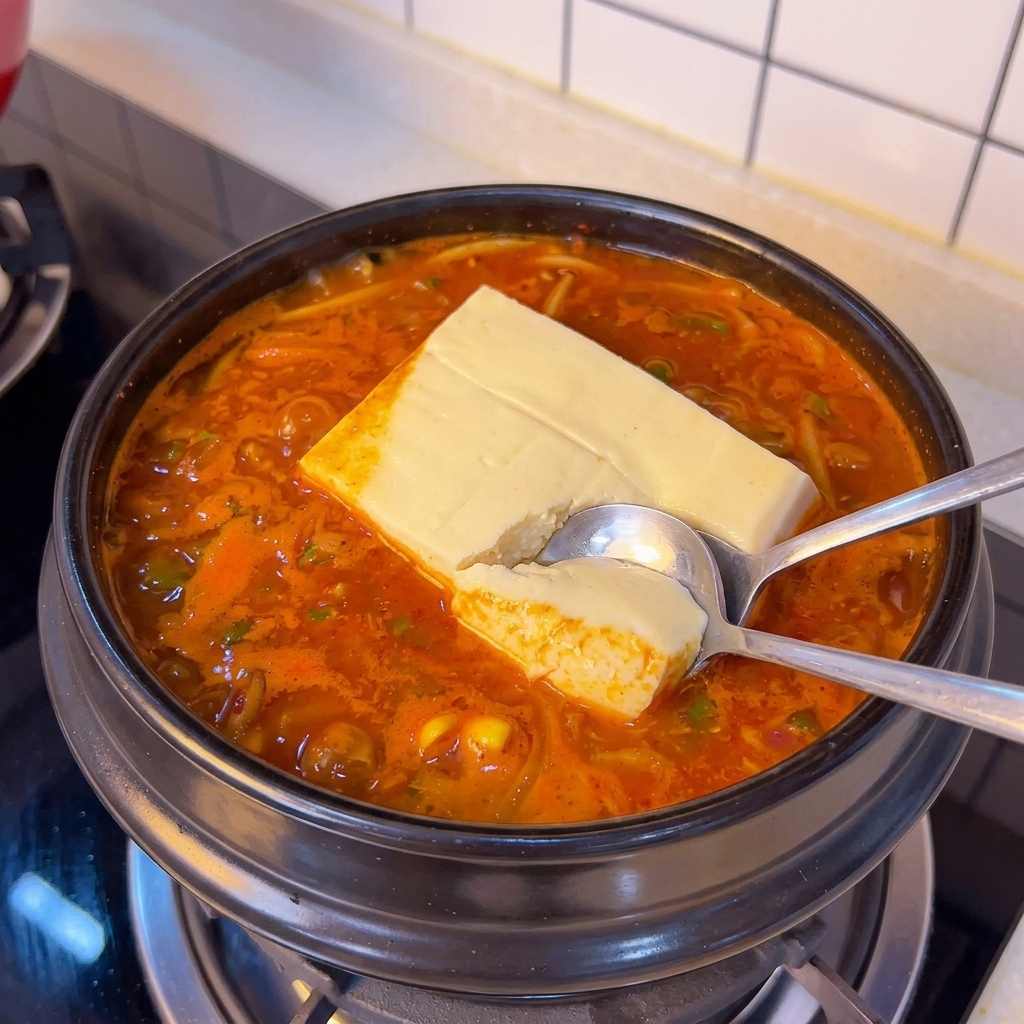 Dwie metalowe łyżki ostrożnie przecinające i dzielące blok miękkiego tofu w gotującej się zupie.
