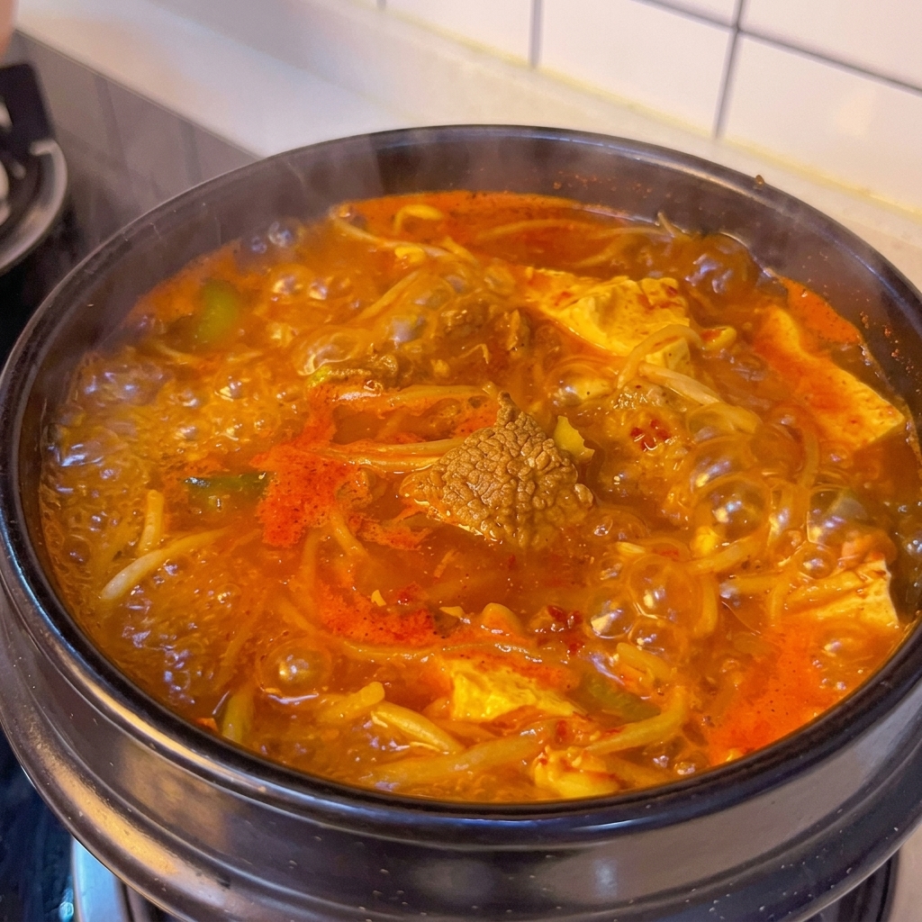 Ognistoczerwona koreańska zupa z miękkim tofu gwałtownie bulgocząca w tradycyjnym czarnym glinianym garnku z widocznymi kawałkami wołowiny, tofu i kiełkami.