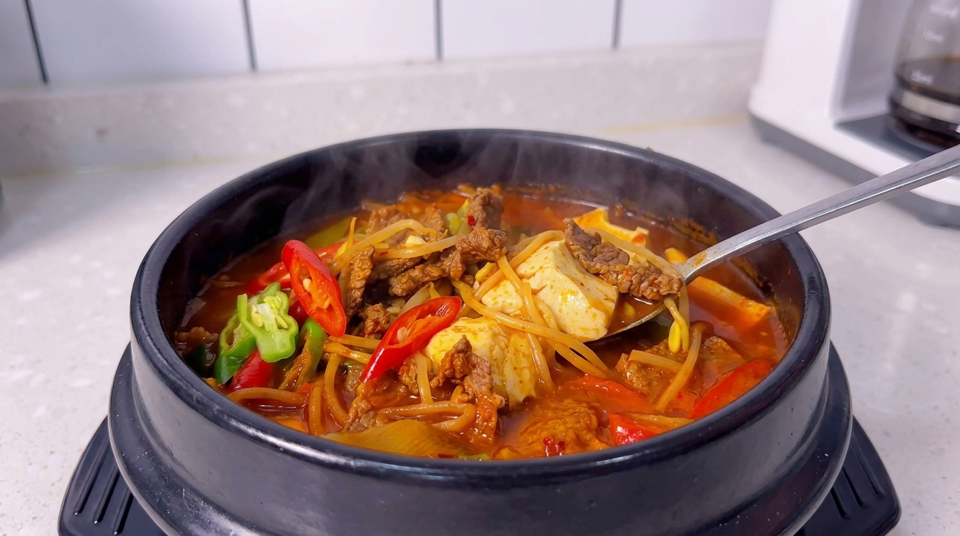 Szybka koreańska pikantna zupa z miękkim tofu i wołowiną (Sundubu-Jjigae)