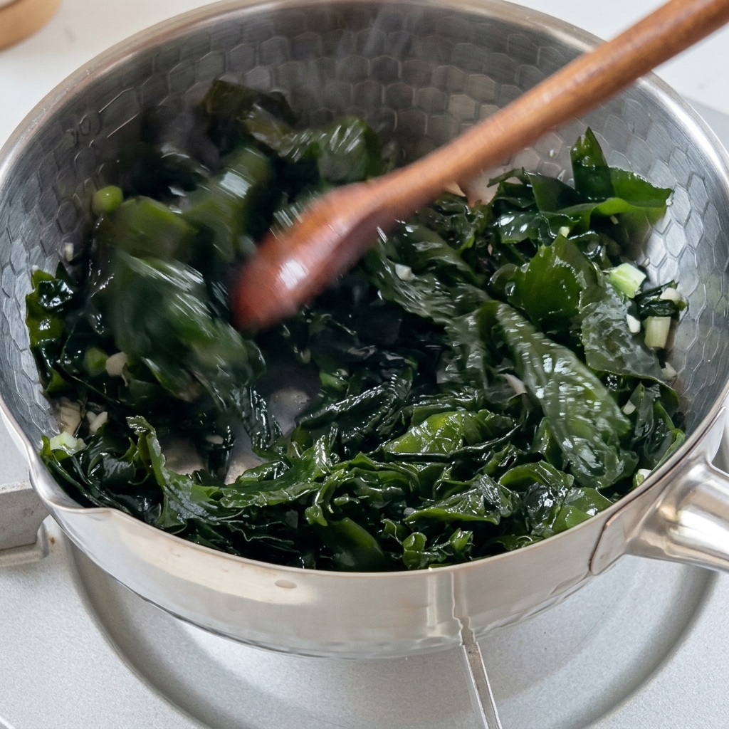 Namoczone, zielone glony wakame mieszane z czosnkiem i dymką w garnku.