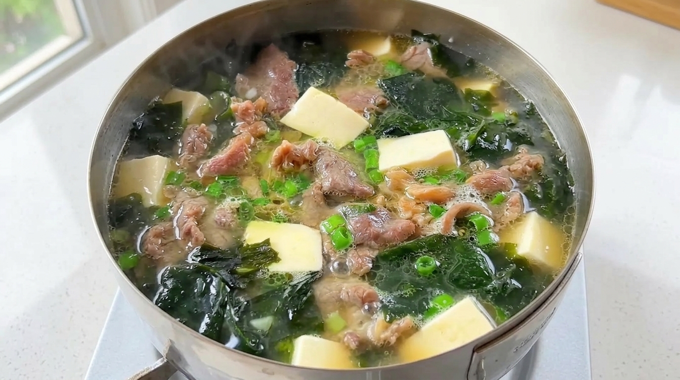 Szybka zupa z wołowiną, tofu i glonami wakame
