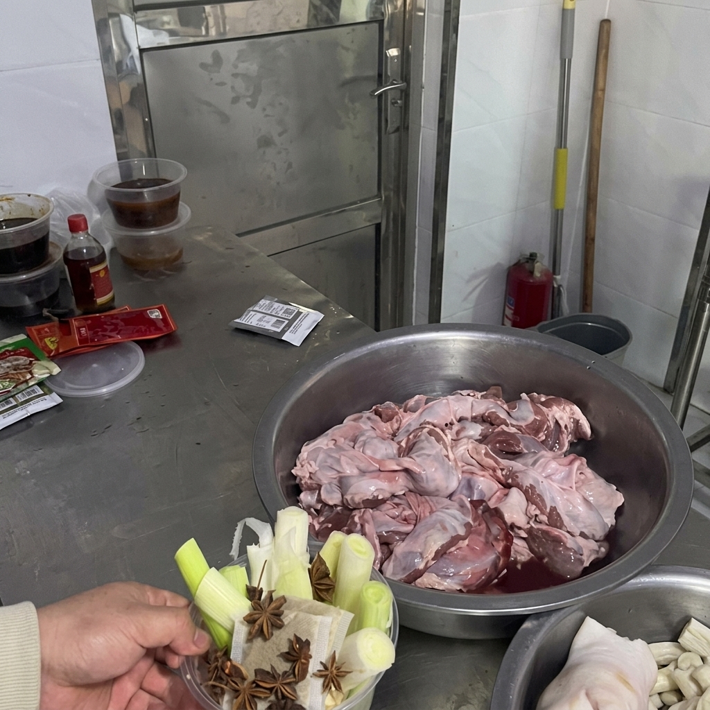 Osoba trzymająca przezroczysty pojemnik z grubymi kawałkami szczypioru, plastrami imbiru i anyżem gwiaździstym nad blatem kuchennym.