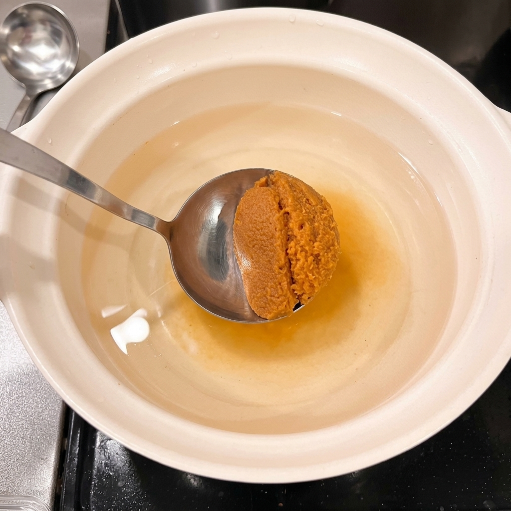 Łyżka pasty miso mieszana z płynem w garnku.