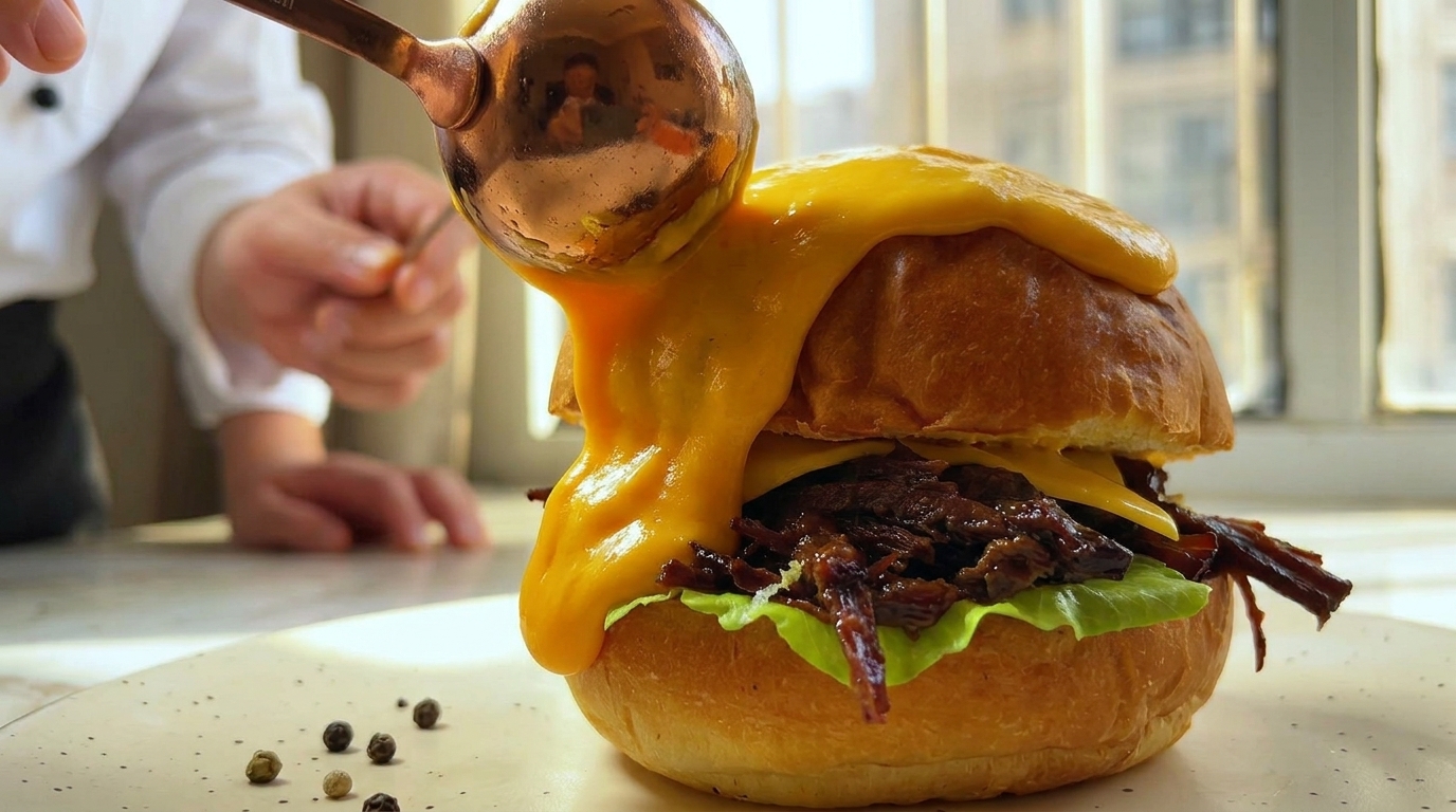 Burger z Rwaną Wołowiną i Serową Lawą