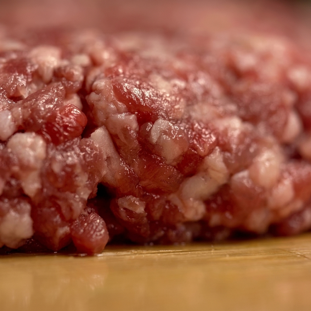 Zbliżenie na mieloną wołowinę formowaną ręcznie w gruby, okrągły kotlet na drewnianej powierzchni.