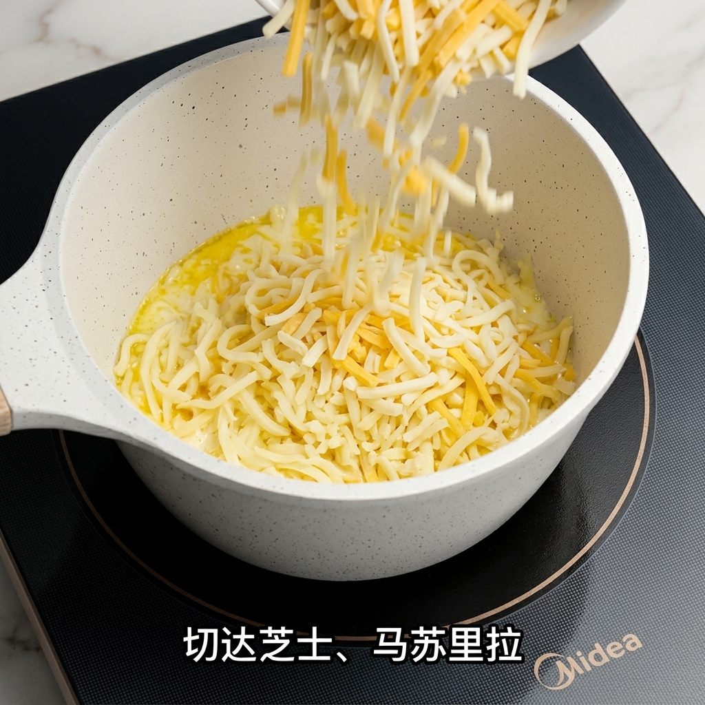 Starta mozzarella i cheddar dodawane do garnka z ciepłą bazą śmietanową.