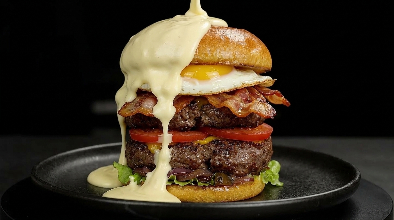 Wysoki podwójny burger całkowicie oblany gęstym, błyszczącym i spływającym białym sosem serowym.
